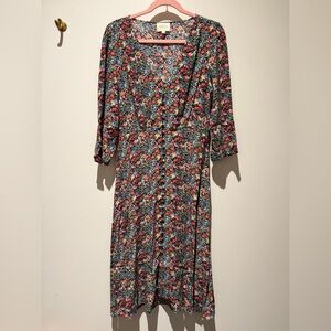 Sezane Multicolor Floral Midi Dress - Navy Base with Pink & Red Flowers